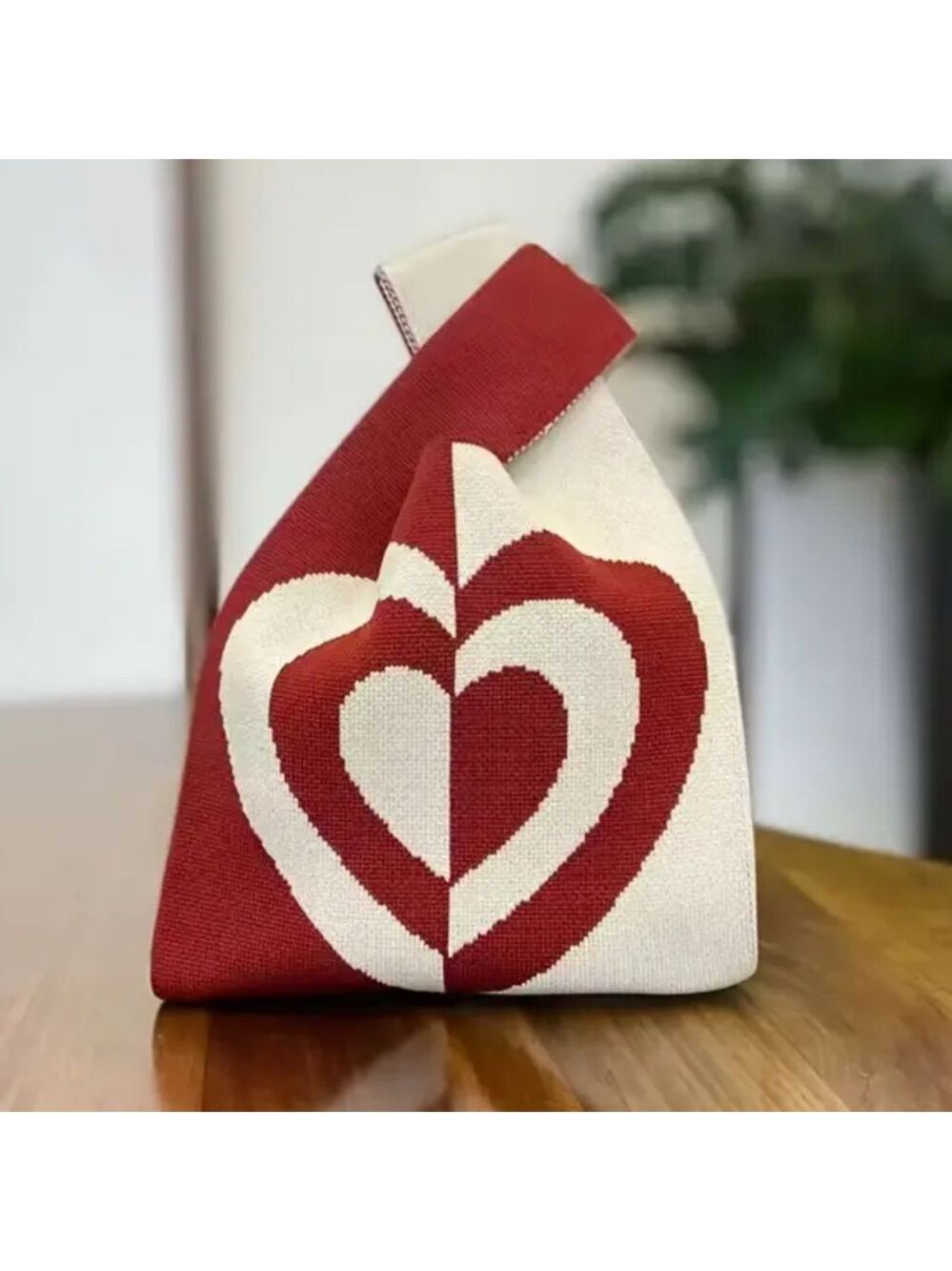 Heavy Woven Knit Heart Pattern Tote Purse Bag Japanese Knot  Closure Style